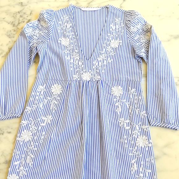 NWOT. Zara Long Sleeve V-Neck Midi Dress with Stripes and Floral Embroidery. - Picture 3 of 7